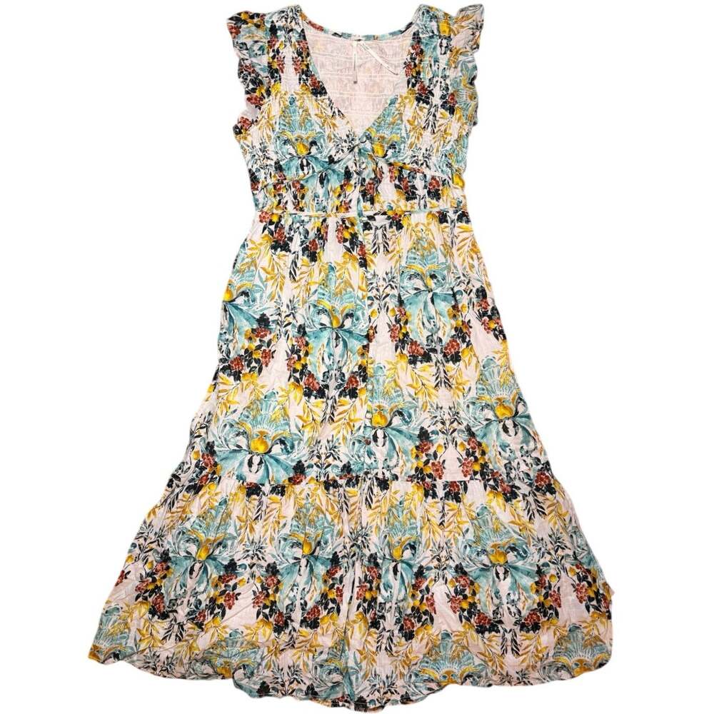 Anthropologie The Peregrine Midi Dress Chartreuse Floral Smocked Boho XSP Petite